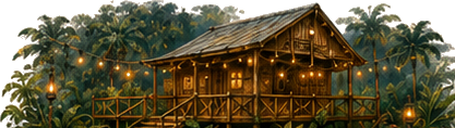 Illustration of a warmly lit jungle hideaway hut